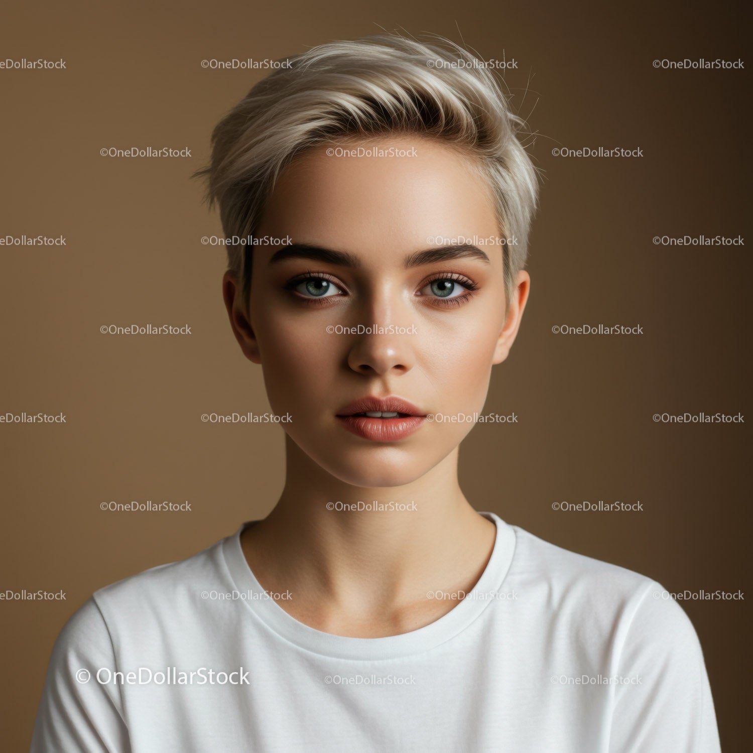 Portrait of Young Woman with Short Platinum Hair and Blue Eyes