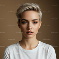 Portrait of Young Woman with Short Platinum Hair and Blue Eyes