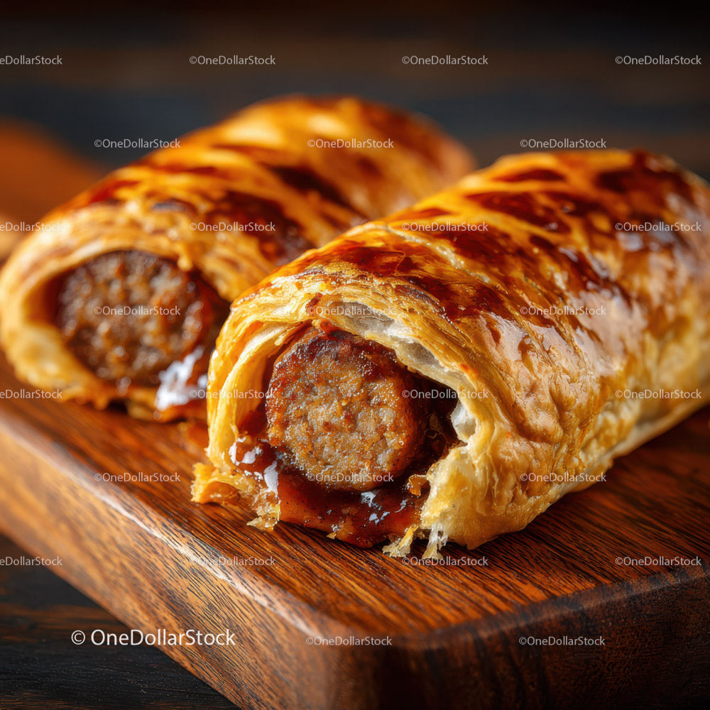 Golden Sausage Roll with Flaky Pastry on Wooden Board