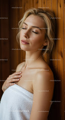 Relaxed Blonde Woman with Closed Eyes Wearing Towel in Warm Indoor Setting
