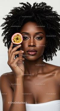 Portrait of an Elegant Black Woman with Curly Hair Holding Passion Fruit