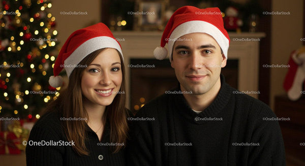 Smiling young couple in Santa hats by cozy Christmas tree