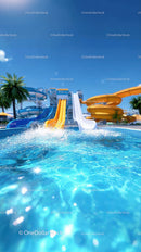 Colorful Water Slides at Outdoor Water Park Under Bright Blue Sky