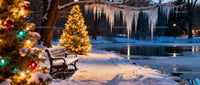 Festive winter evening with Christmas lights and snow