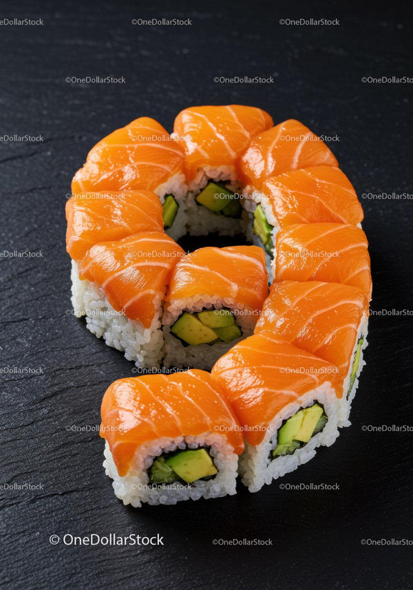 Salmon sushi rolls with avocado on black slate plate
