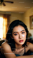Young woman with glowing skin and warm makeup indoors