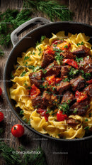 Hearty Beef and Cherry Tomato Pasta in Rustic Skillet
