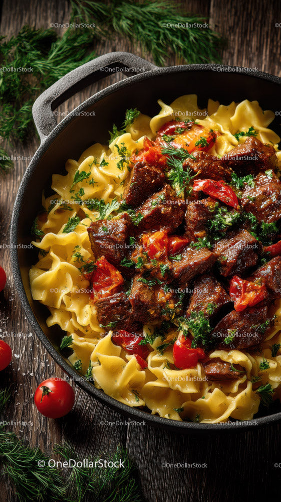 Hearty Beef and Cherry Tomato Pasta in Rustic Skillet