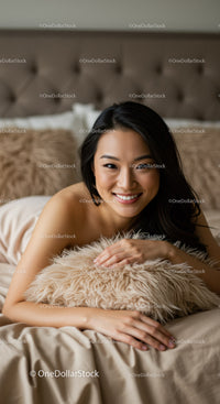 Smiling young woman relaxing on bed with fluffy pillow