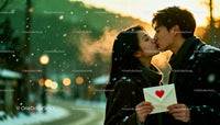 Couple sharing a romantic kiss outdoors in winter