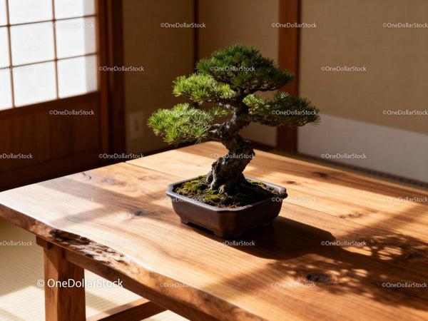 Bonsai w promieniach słońca rzucający cień na drewniany stół