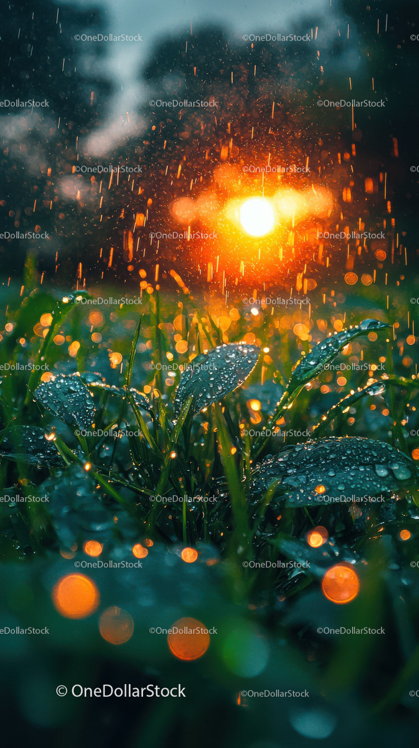 Firework Sparkler Over Dewy Green Leaves in Night Glow