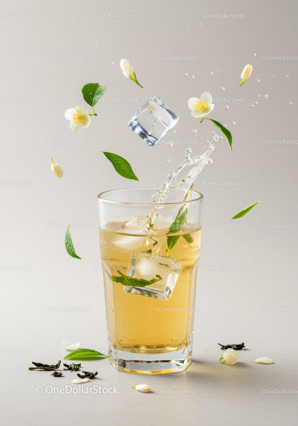 Refreshing iced tea with jasmine flowers and green leaves