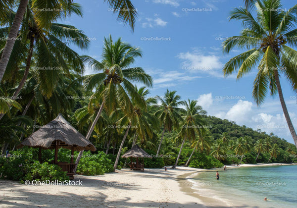 Tropical Beach Scene with Palm Trees and Cozy Huts