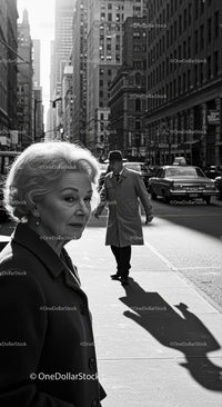 Vintage Elderly Woman Walking in City Street with Tall Skyscrapers