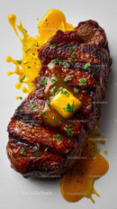 Juicy Grilled Beef Steak with Runny Egg Yolk and Fresh Herbs