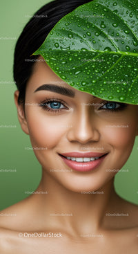Close-Up of Smiling Woman with Green Leaf and Water Droplets