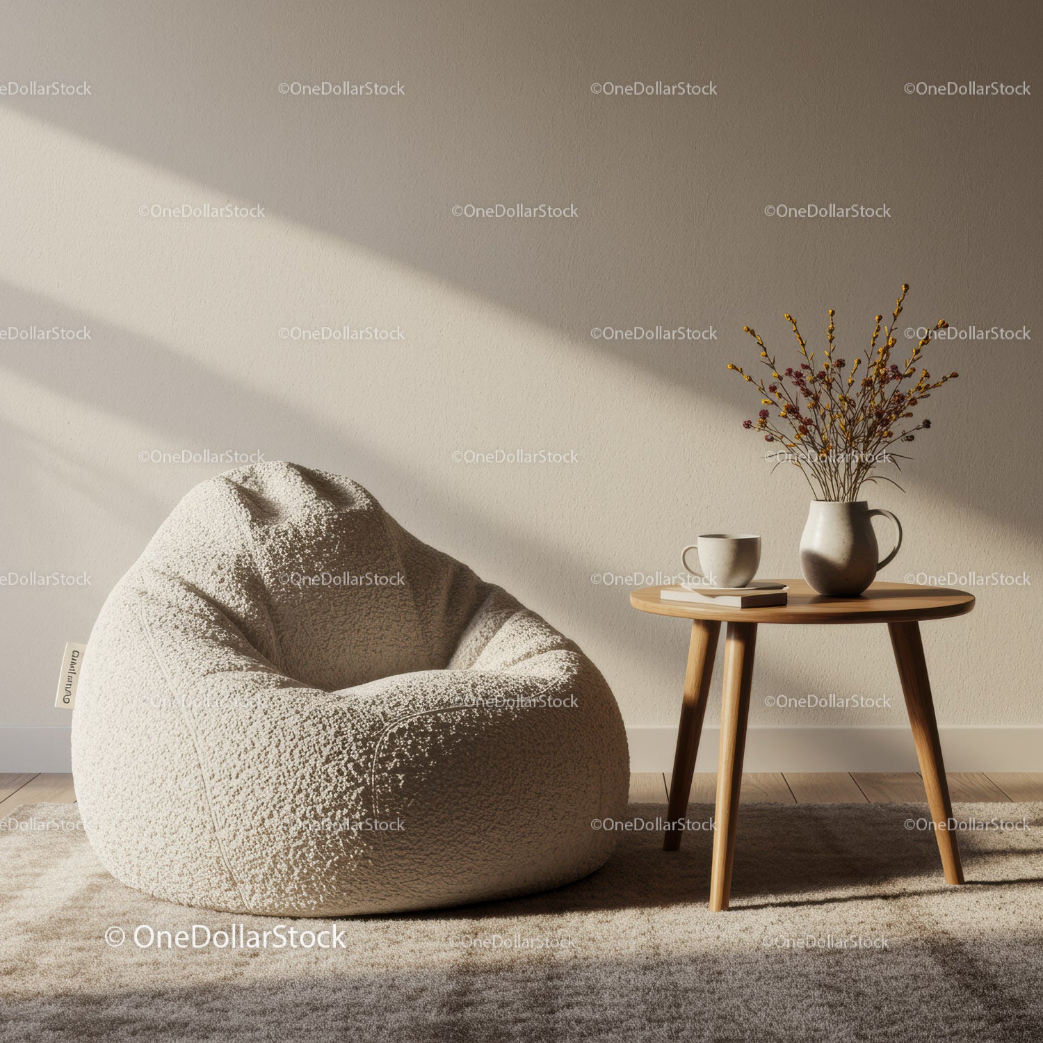 Cozy beige bean bag with side table and dried flowers