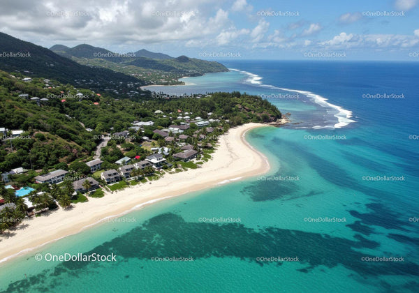 Tropical Coastal Scene with White Sand Beach and Lush Greenery