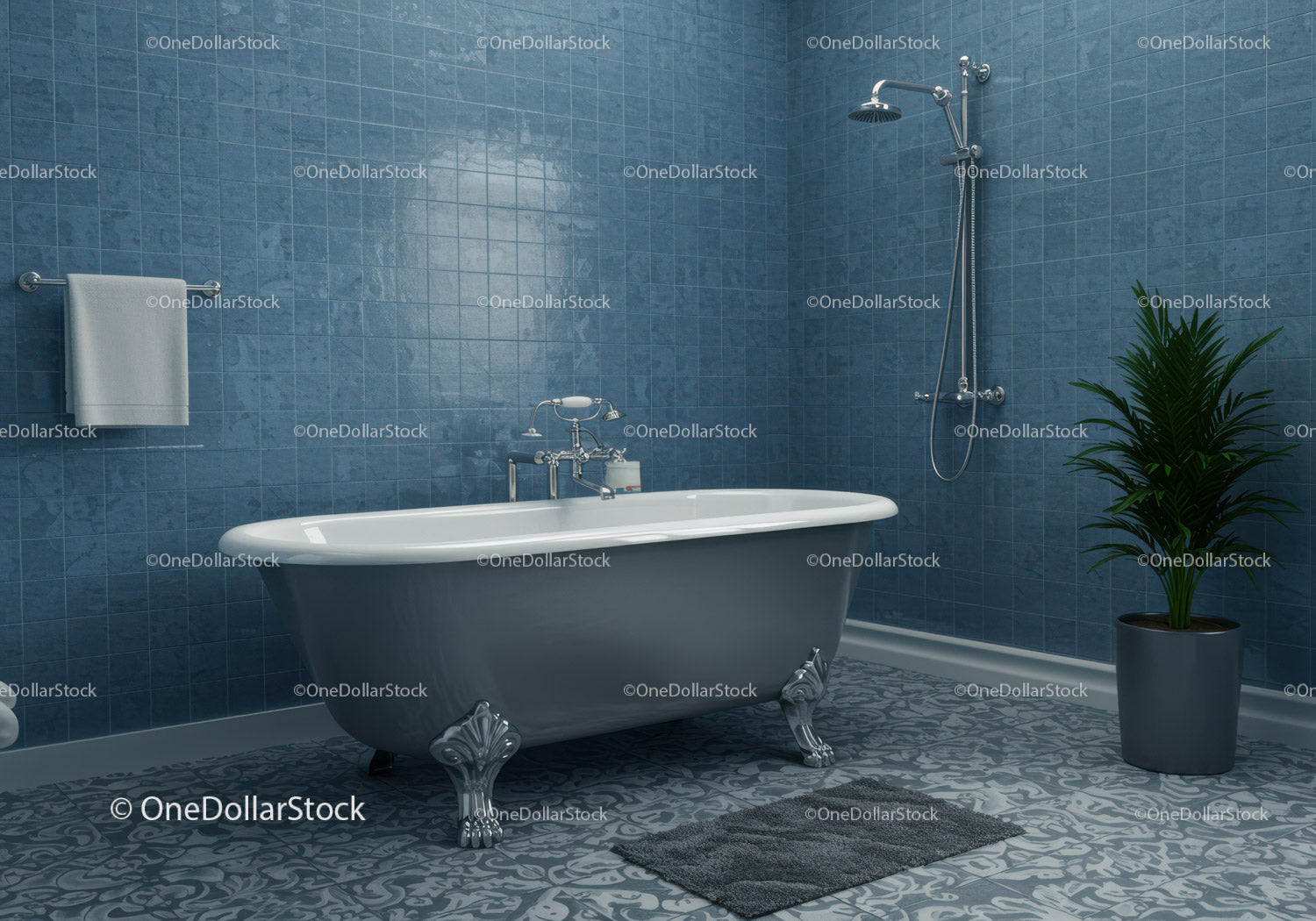 Classic clawfoot bathtub in modern blue tiled bathroom