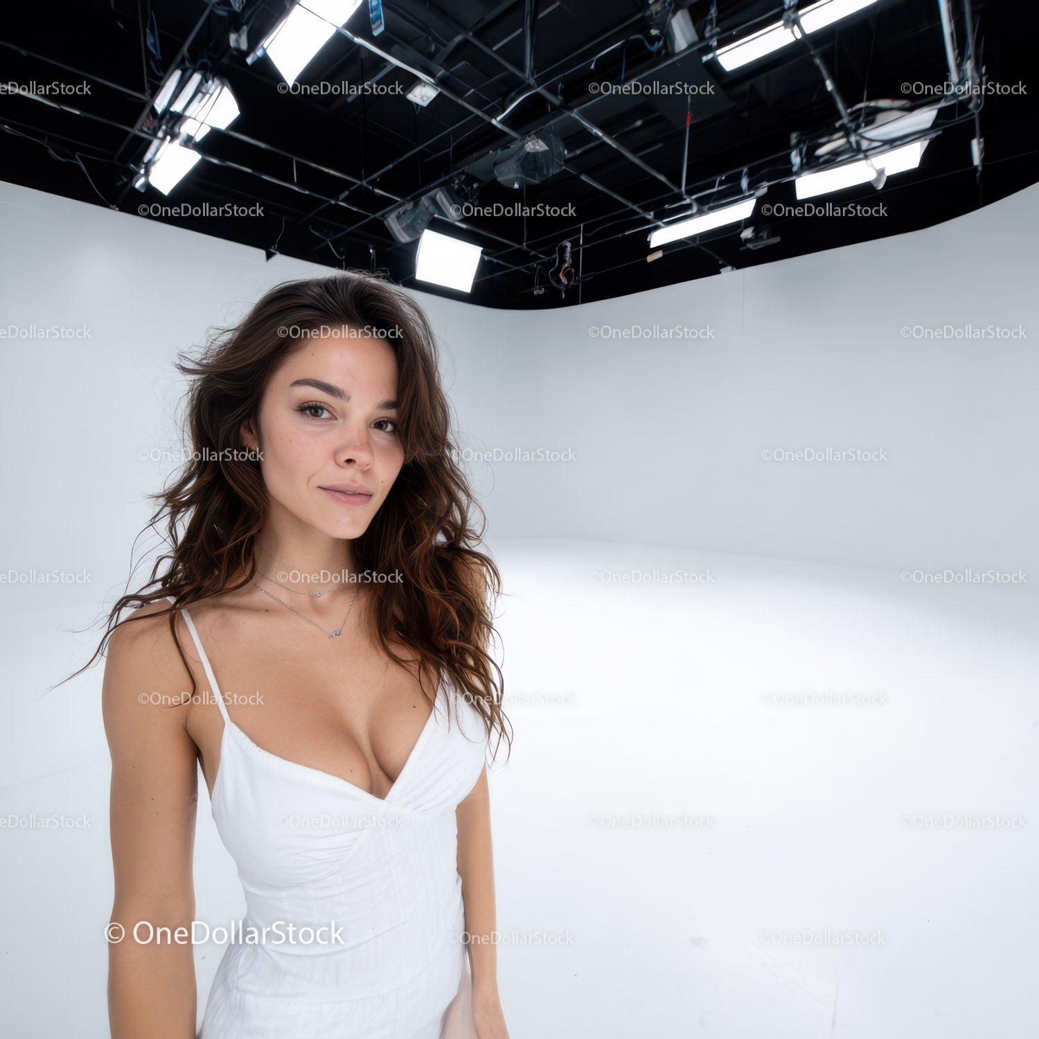 Young Woman in White Dress Confidently Portraited in Modern Studio