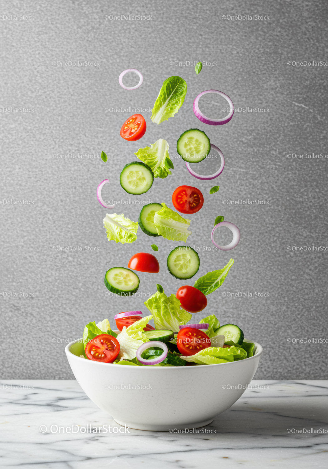 Fresh mixed vegetable salad ingredients in motion