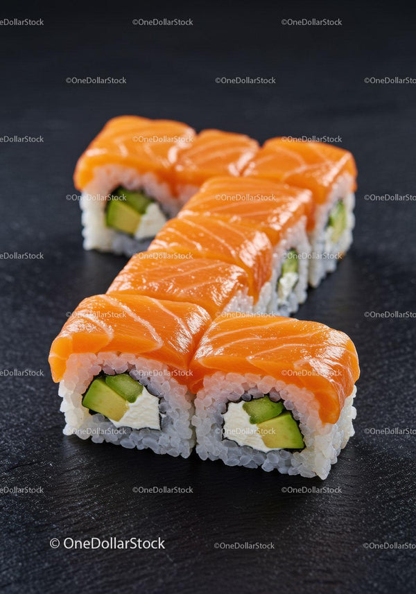 Świeże rolki sushi z łososiem, awokado i kremowym serem