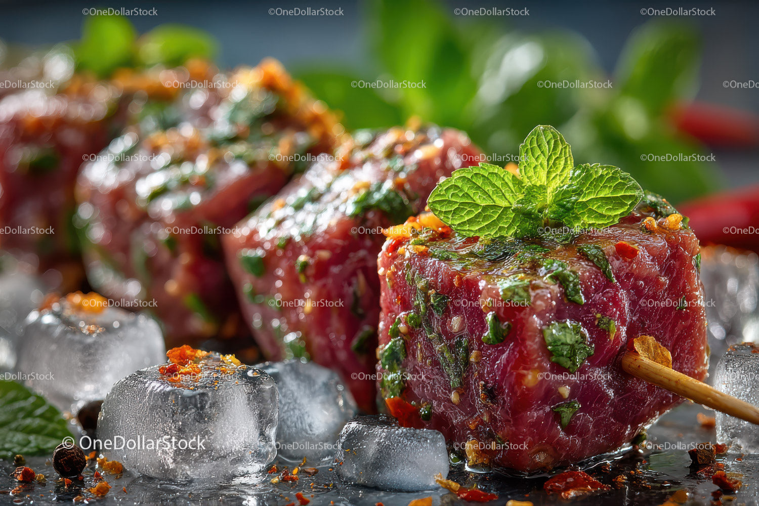 Fresh Raw Beef Steak with Mint and Red Pepper Garnish