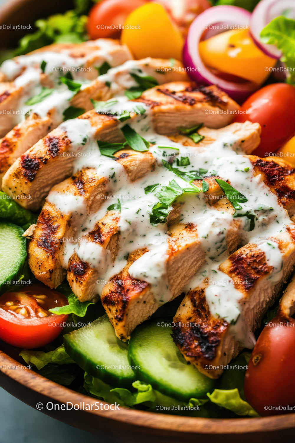 Grilled Chicken Salad with Fresh Vegetables and Herb Dressing