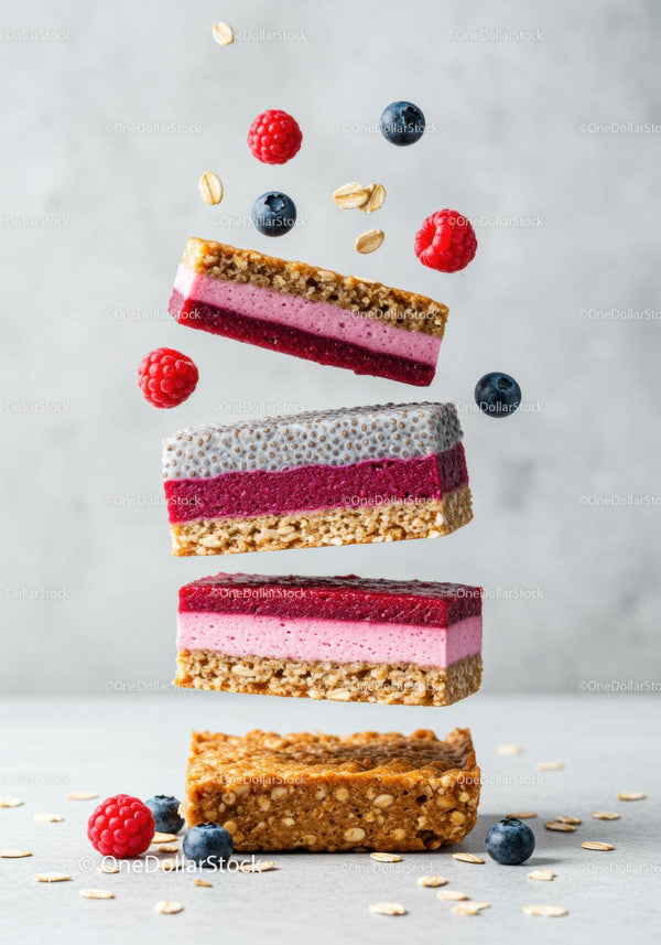 Layers of healthy berry chia and oat snack bars