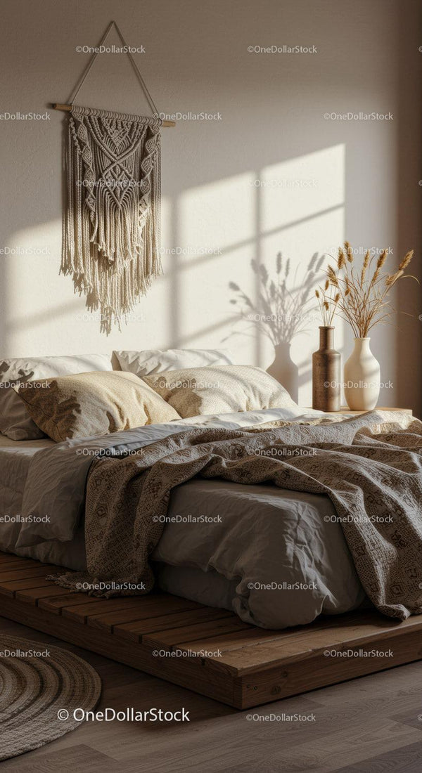 Cozy bedroom with natural light and boho decor details