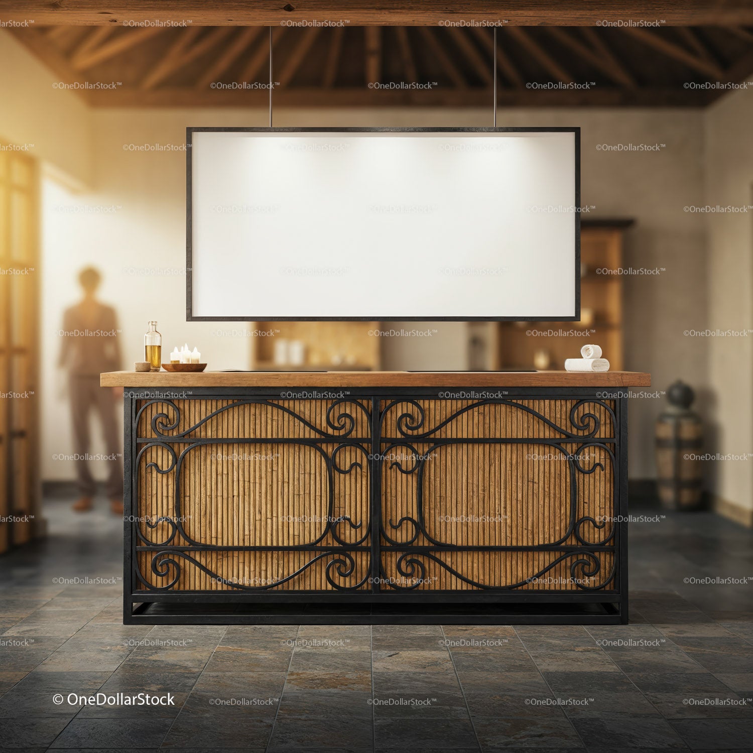 Modern Bamboo Reception Desk with Decorative Ironwork
