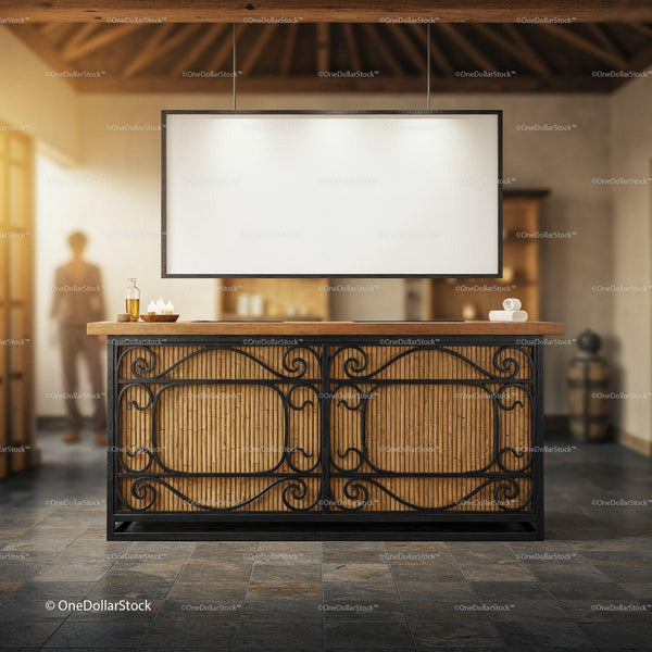 Modern Bamboo Reception Desk with Decorative Ironwork JPG Mockup Image