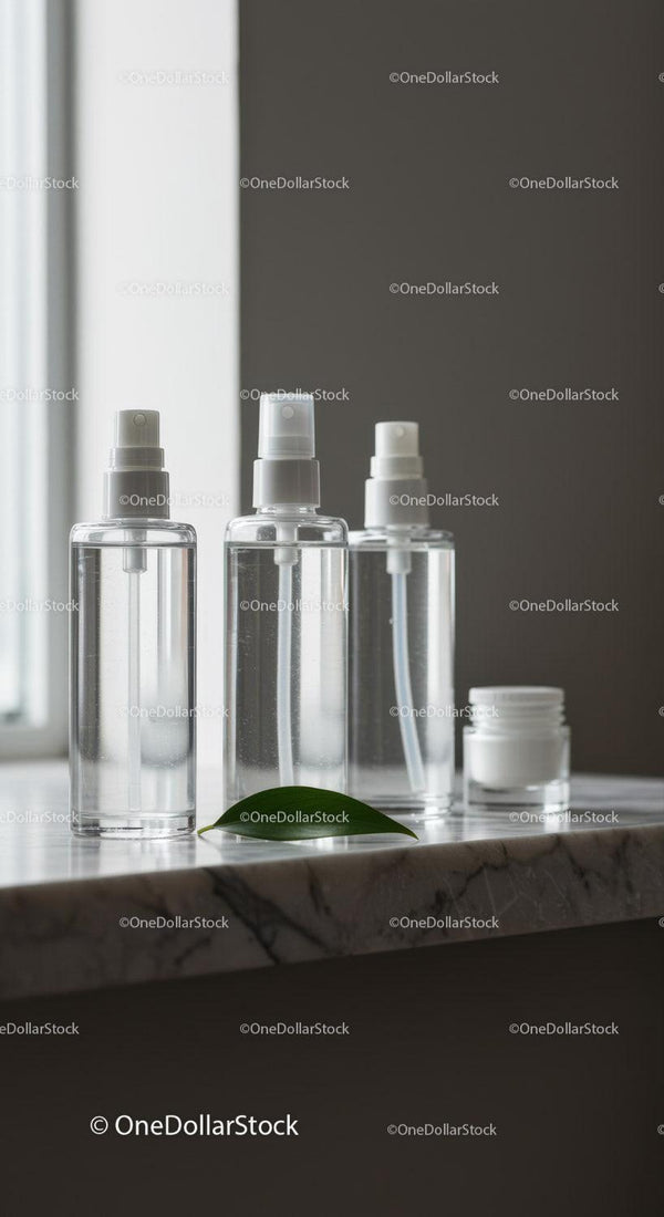 Minimalist clear cosmetic bottles on marble surface JPG Mockup Image