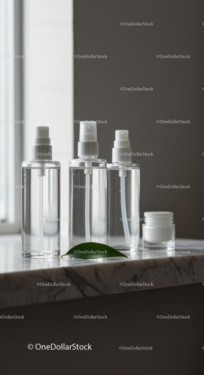 Minimalist clear cosmetic bottles on marble surface