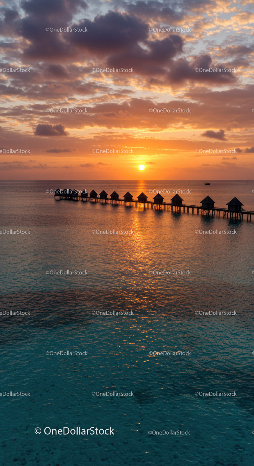Beautiful Sunset Over a Tropical Resort Pier with Overwater Bungalows