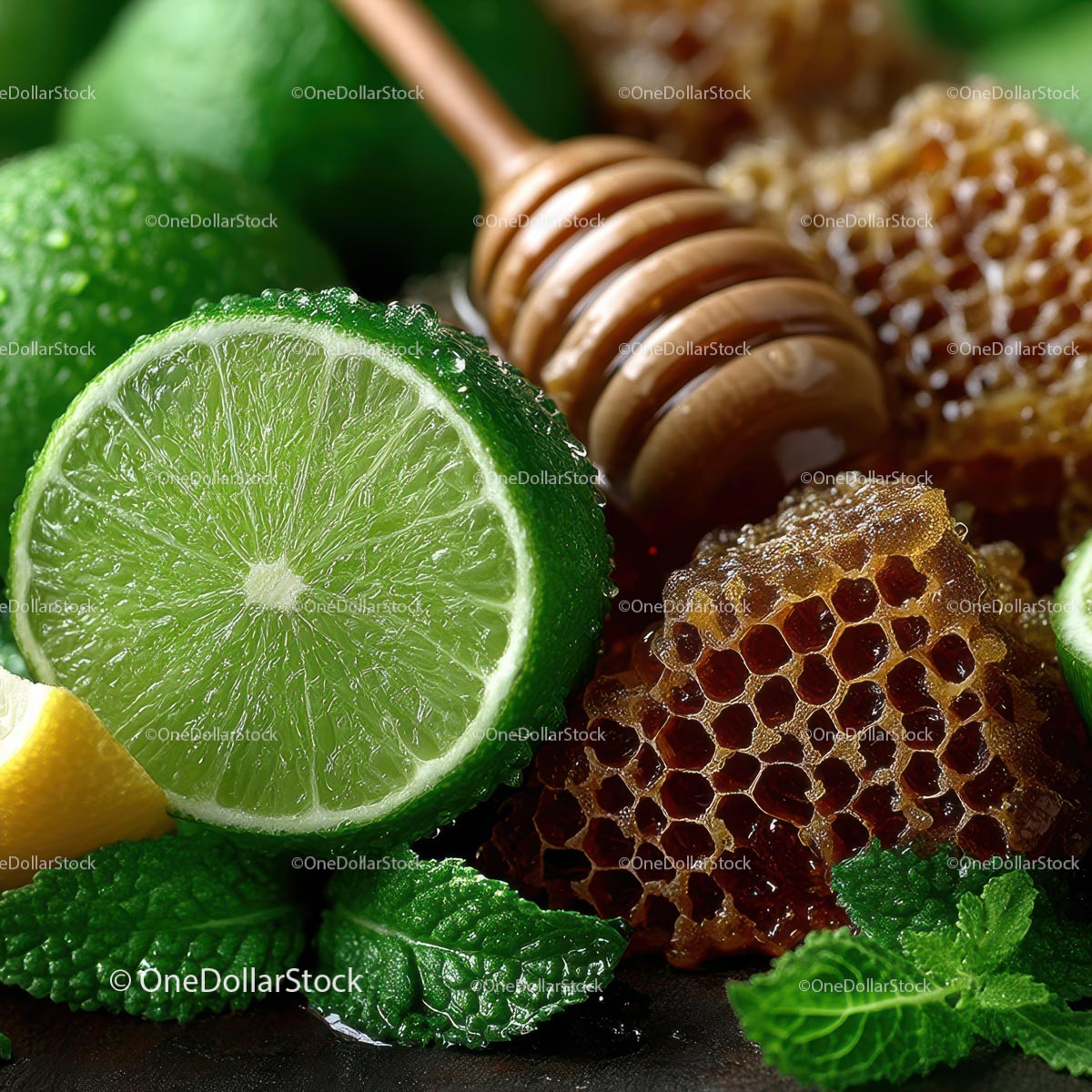 Fresh Limes, Mint Leaves and Honeycomb for Delicious Recipes
