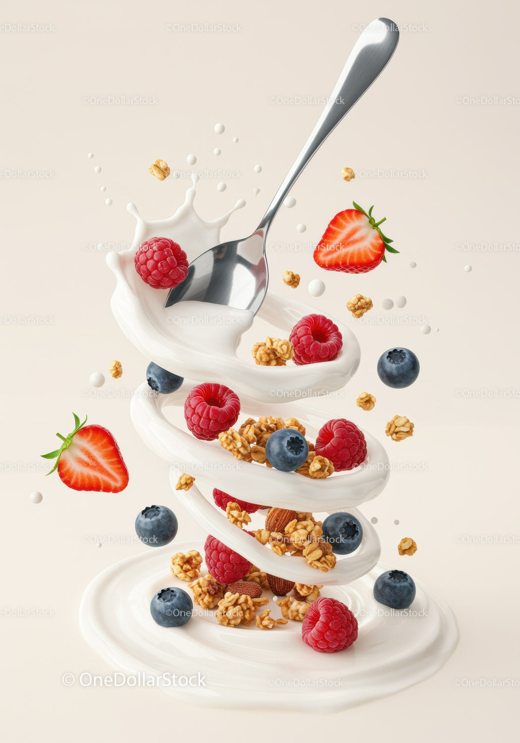 Fresh Berries and Granola Swirling in Cream with Spoon