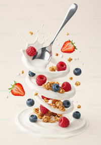 Fresh Berries and Granola Swirling in Cream with Spoon