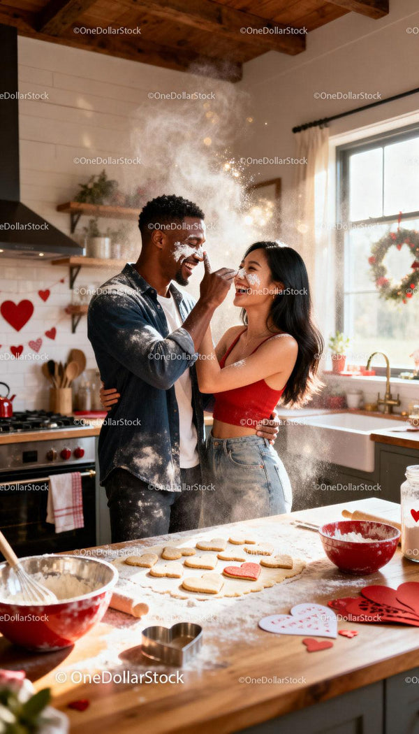 Couple playfully baking heart cookies in cozy kitchen