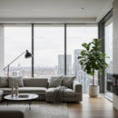 Modern Urban Living Room with City Skyline and Indoor Plant