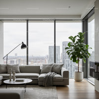 Modern Urban Living Room with City Skyline and Indoor Plant