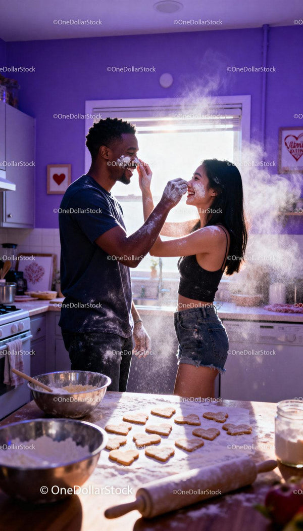 Couple playfully baking heart cookies in cozy kitchen
