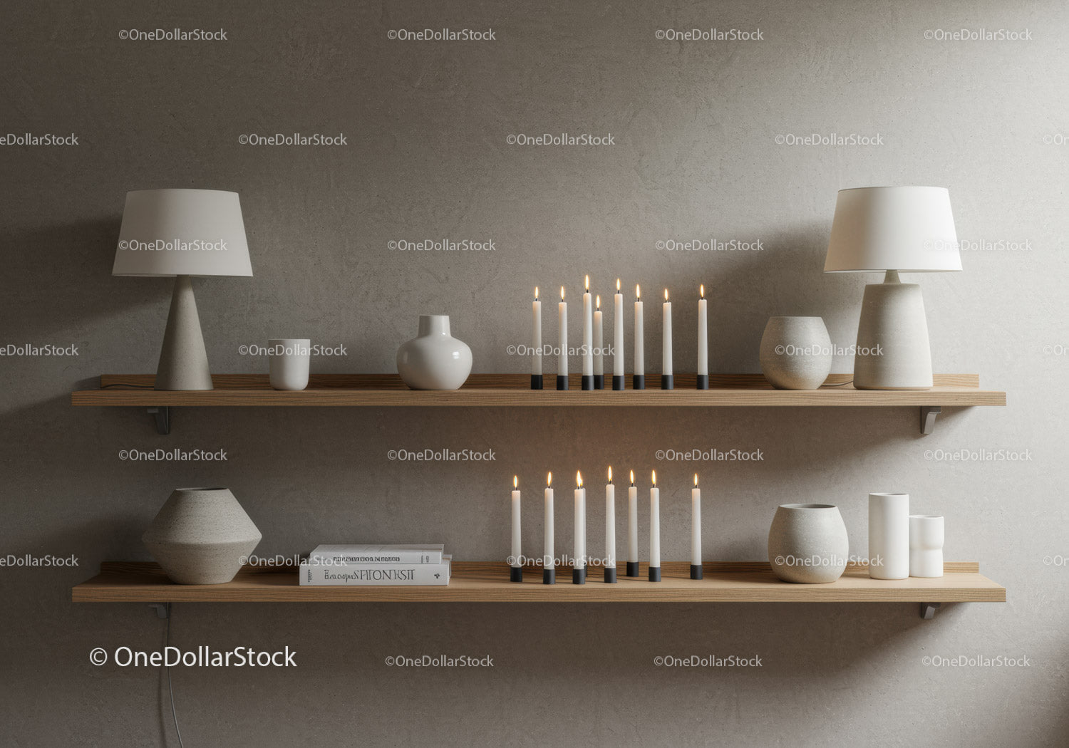 Minimalist interior shelves with candles and ceramics