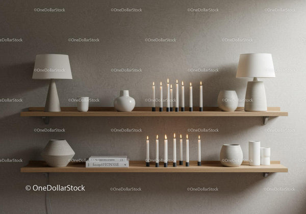 Minimalist interior shelves with candles and ceramics