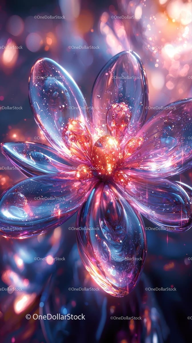 Abstract Glass Flower with Vibrant Neon Glowing Petals