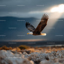 Majestic Bald Eagle Flying Over Rugged Rocky Landscape