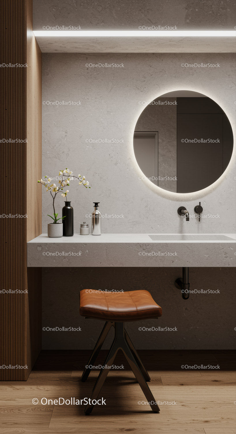 Modern Bathroom with LED Backlit Round Mirror and Elegant Decor