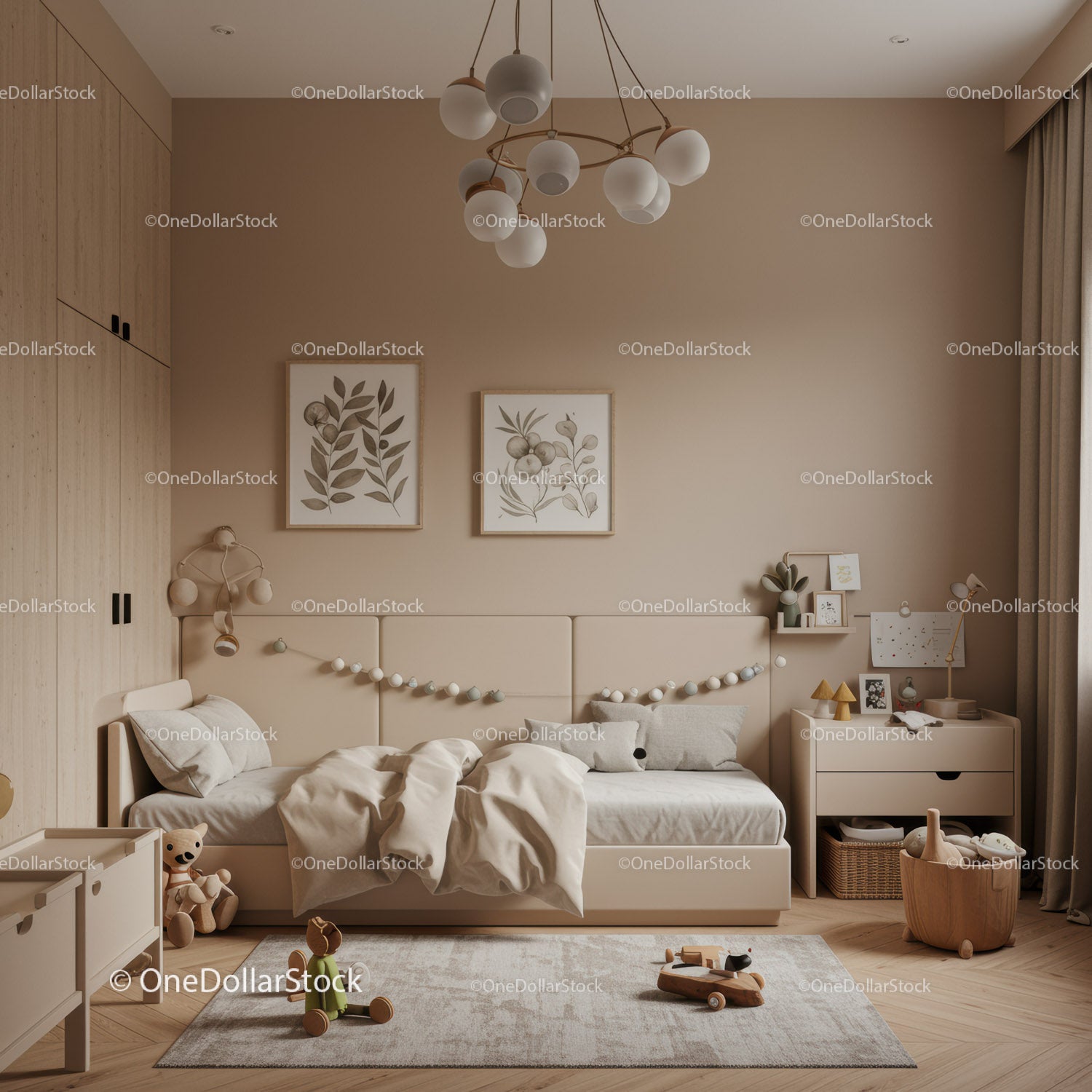Stylish Modern Nursery with Wooden Elements and Soft Decor