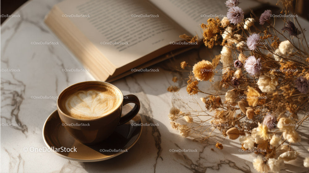 Warm Coffee Latte with Dried Flowers and Open Book on Marble Table